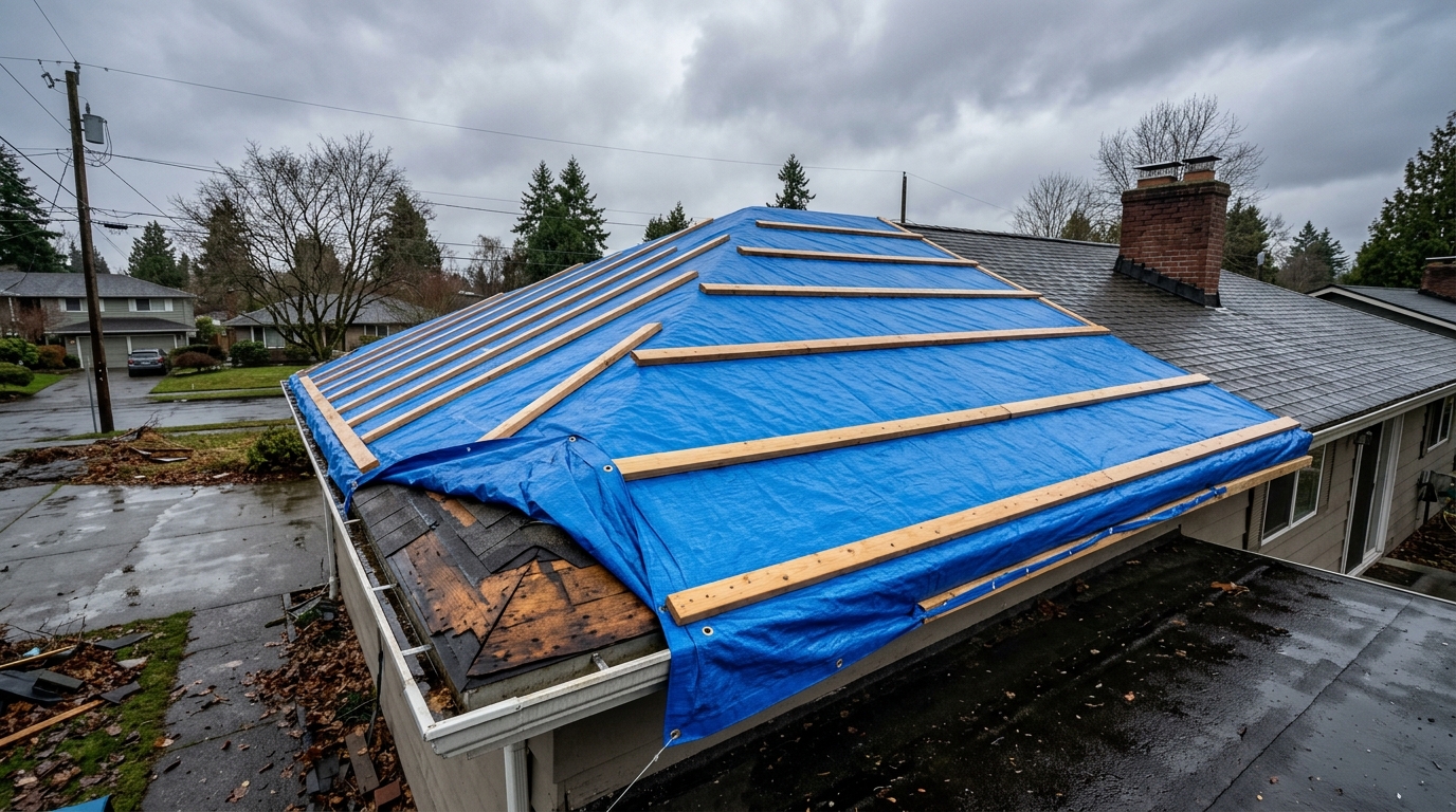 Emergency roof tarp after storm damage